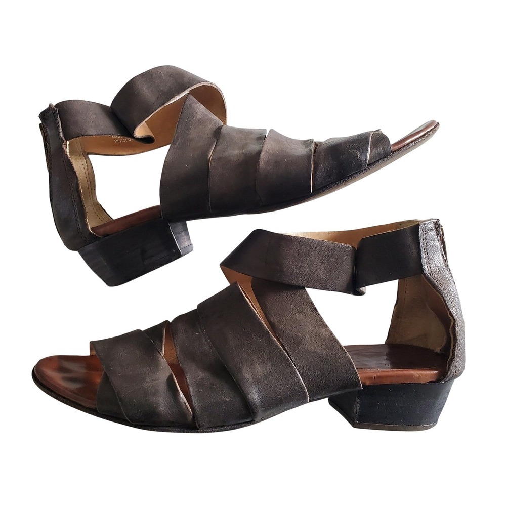 AS 98 Womens 39 Leather Block Heel Gladiator Sandals Back Zip Strappy Grayb